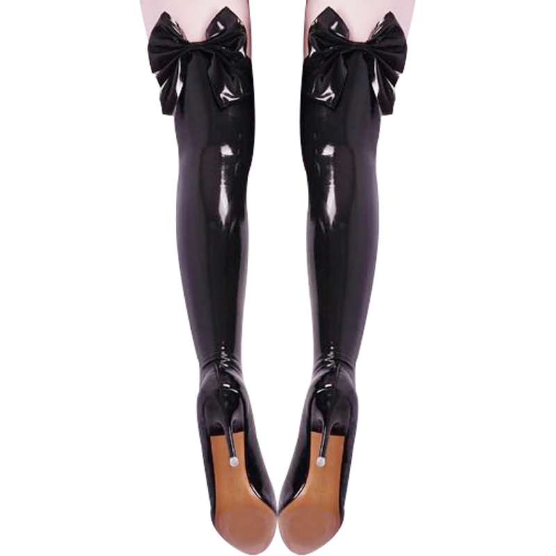 

Black Sexy Long Rubber Latex Thigh High Stockings With Bows At Back WZ-0080