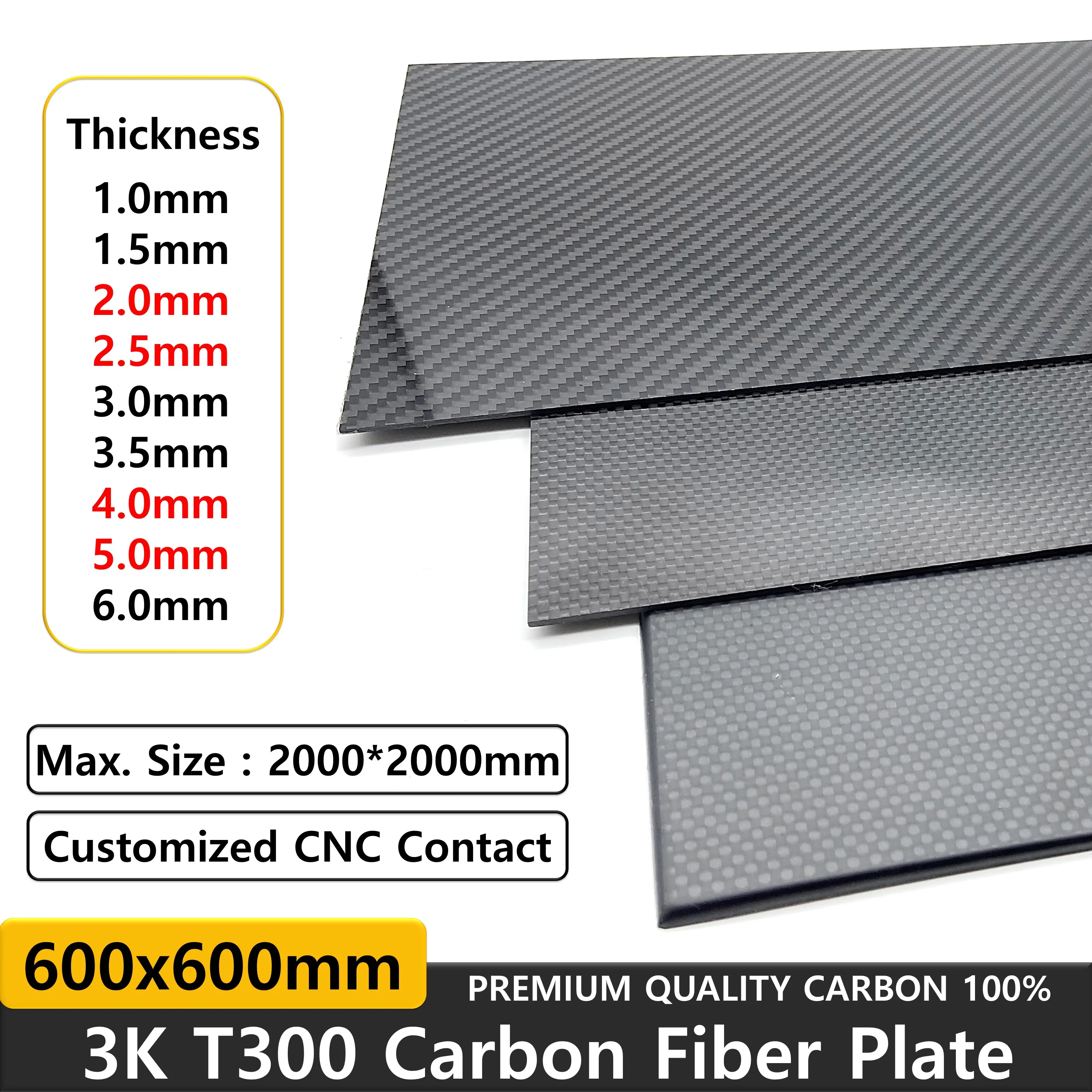 600x600mm Full 3K Carbon Fiber Plate Sheet High Strength Carbon Board Panel Thickness 2mm 2.5mm 4mm 5mm 6mm Matte Plain Weave