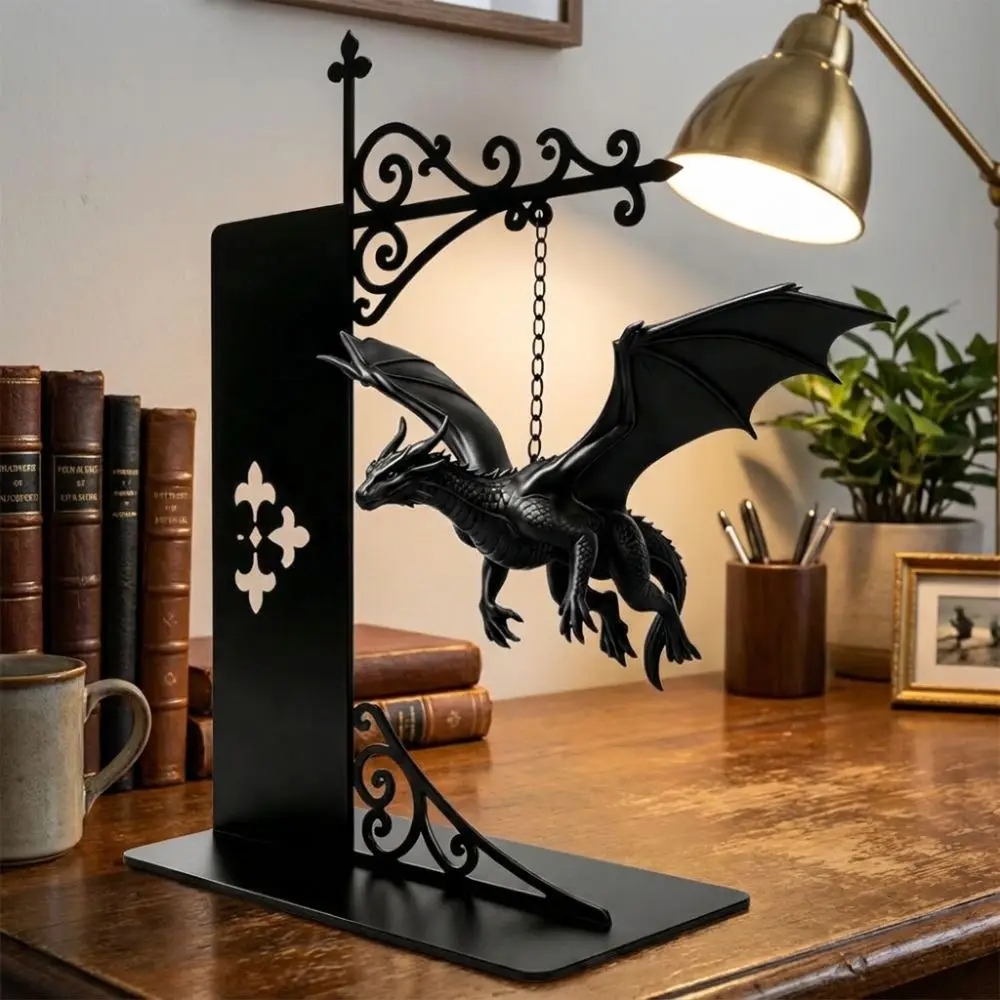 Fantasy Dragon Bookshelf Lamp Warm LED Retro Style Flying Dragon Night Light Gothic Hanging Chain Dragon Bookend Light