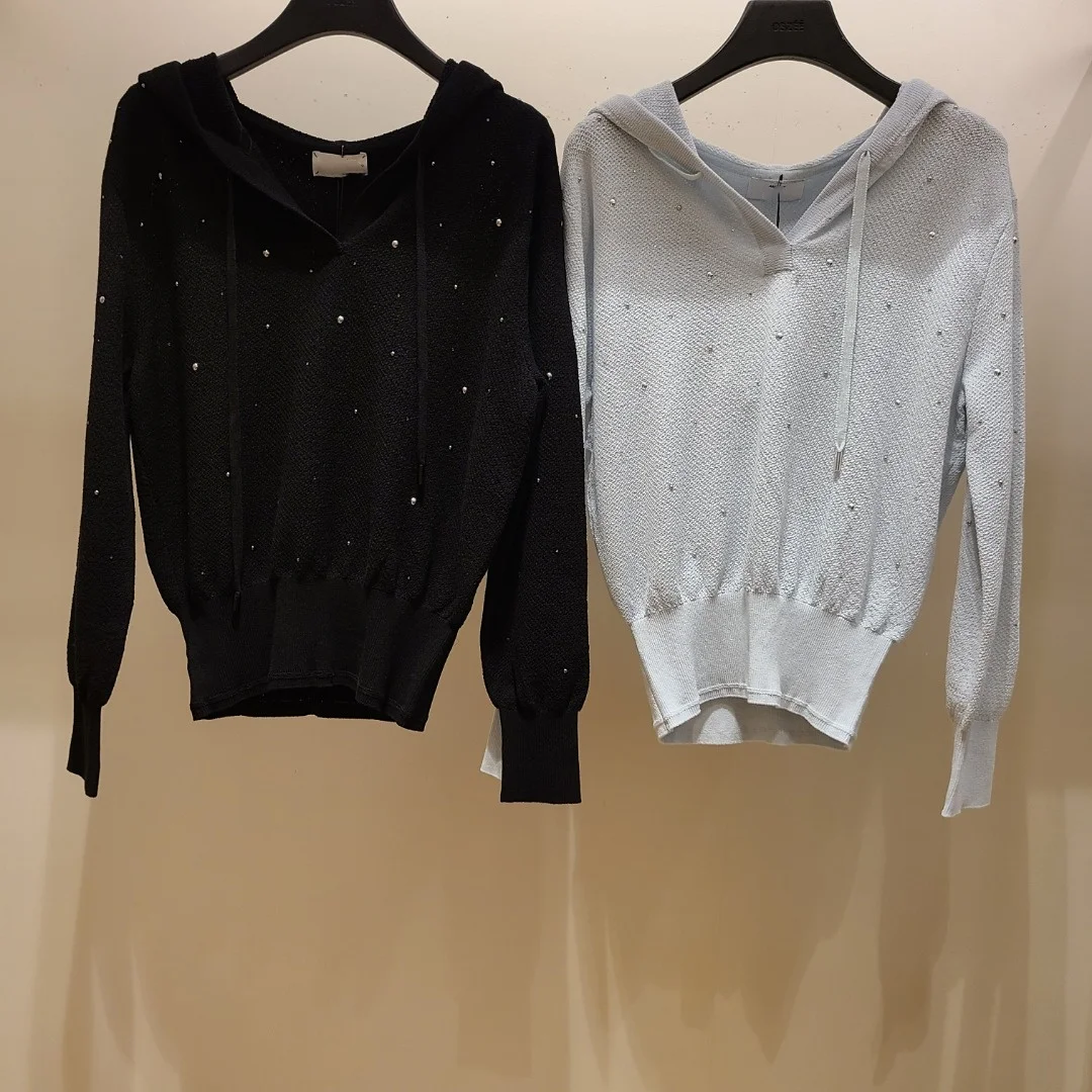 

Korean OBZ24 Autumn Simple Versatile Full Body Star Positioning Rhinestone Dstring Zipper Hooded Knitted Sweater 4960