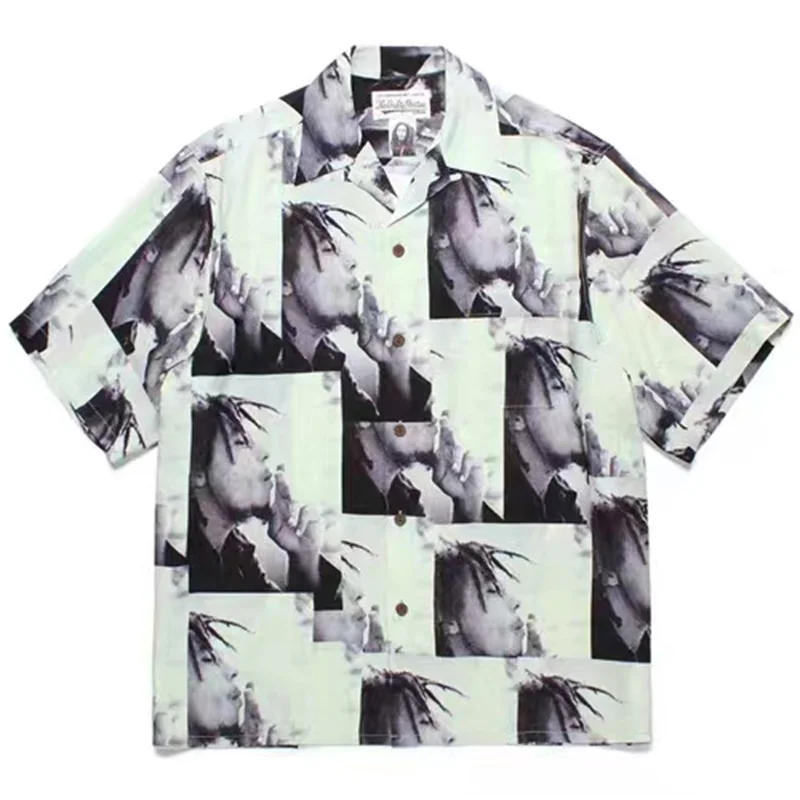 Trend Full Print Character WACKO MARIA Hawaii Short Sleeve Shirt Street Mens Womens Summer Cuban Collar Shirt Tops