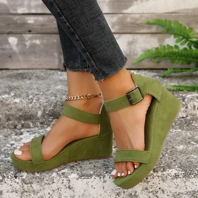 Green Wedge Sandals for Womens New Peep Toe Broad Band Platform Buckle Strap Round Head Cover Heel Back Zipper Beach Shoe