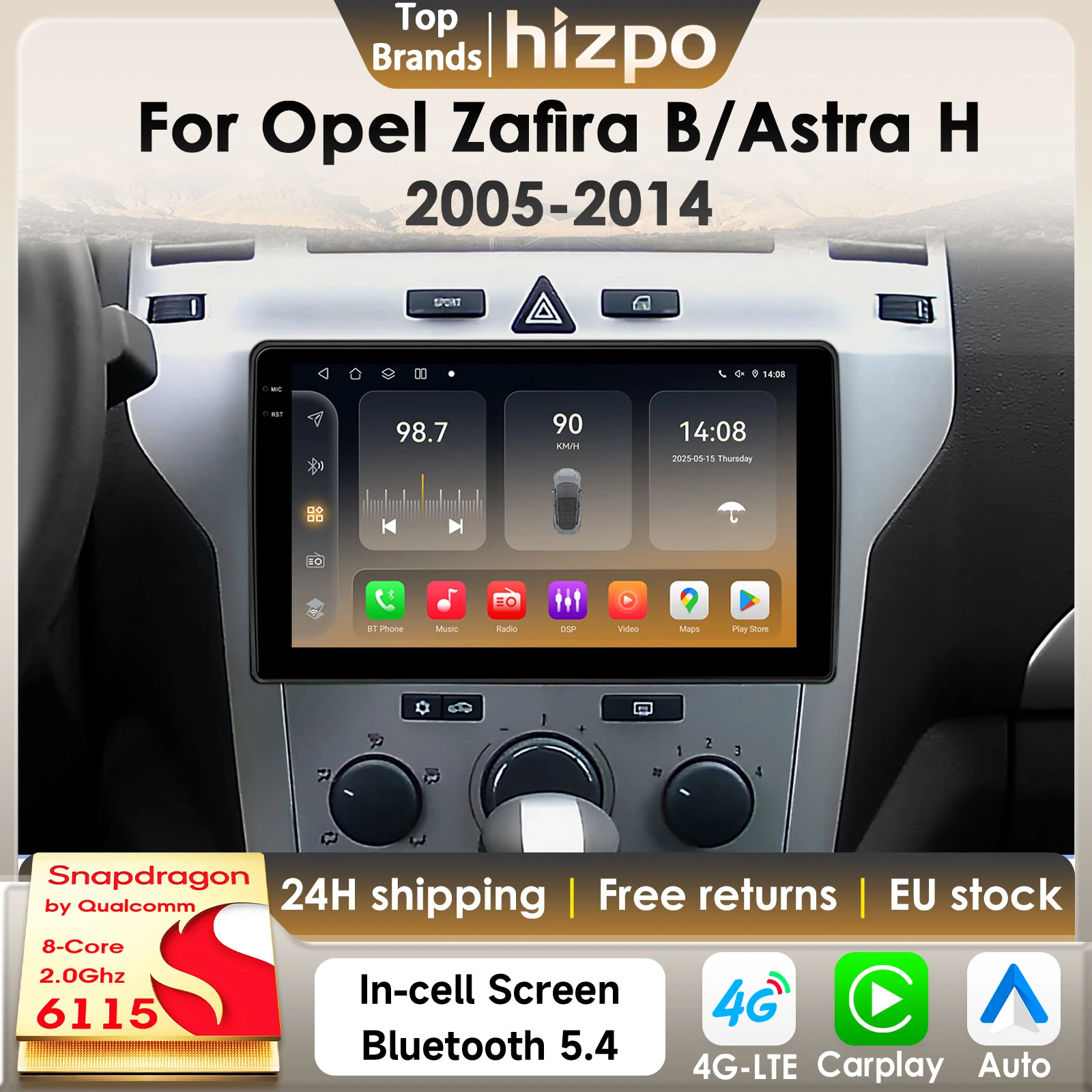 Hizpo 2Din Android 14 Autoradio Per Opel Astra H 2004 - 2014 Zafira B Auto Multimedia GPS 4G Carplay di Qualcomm Snapdragon 6115