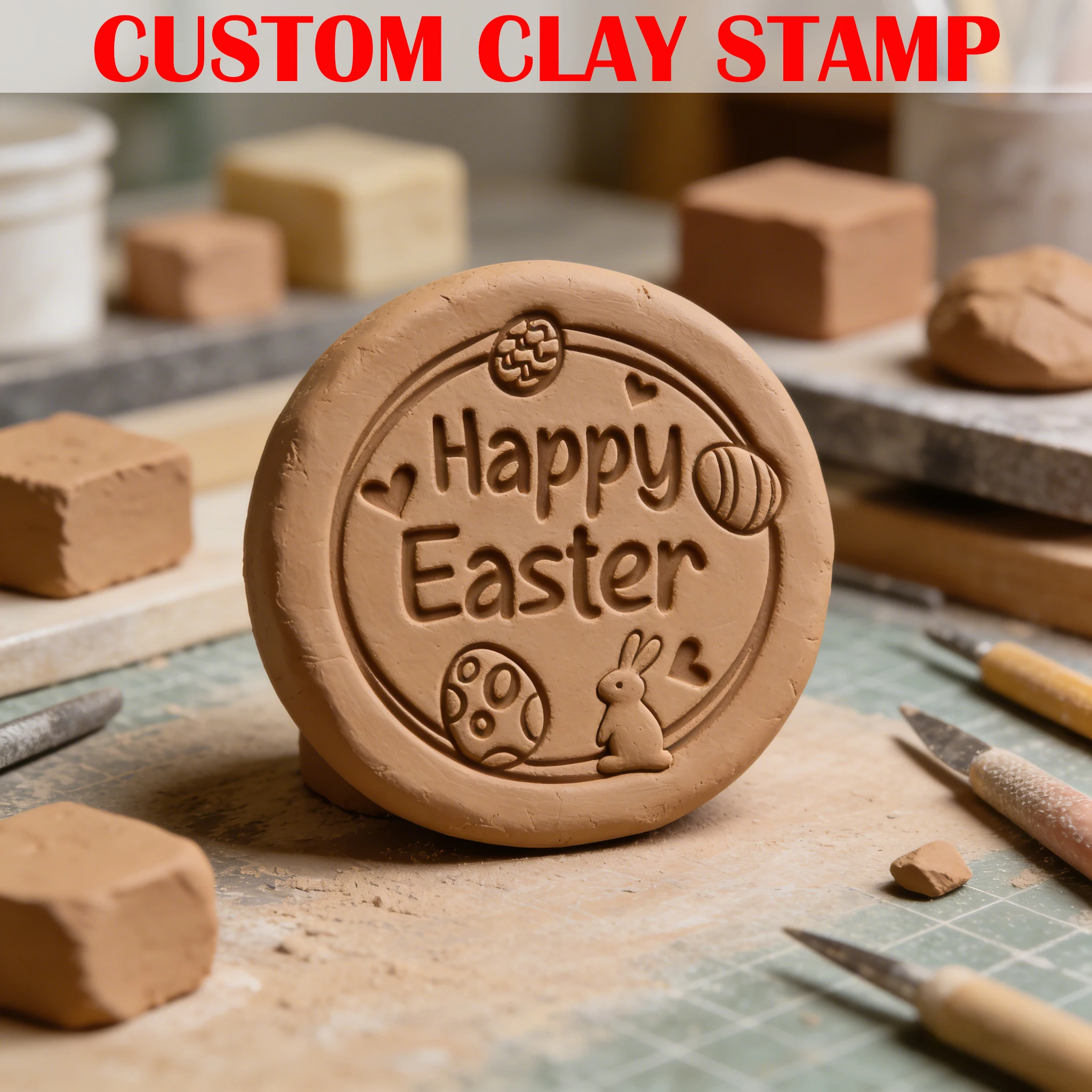 

Easter Theme Custom Clay Stamp Bunny Design Ceramic Seal Pottery Stamp for Easter Day Handmade Festival Polymer Clay Crafts