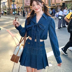 Woman 2000s Vintage Denim Two Piece Skirt Sets Long Sleeve Short Tops + High Waist A Line Pleated Mini Skirt Korean 2024 New