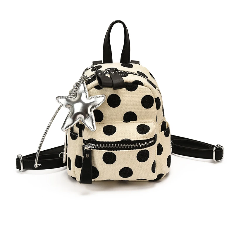 Y2K Kawaii Beige Black Polka Dot Mini Backpack Canvas Small Rucksack With Silver Star Pendant Girls Trendy  School Shoulder Bag - view 6