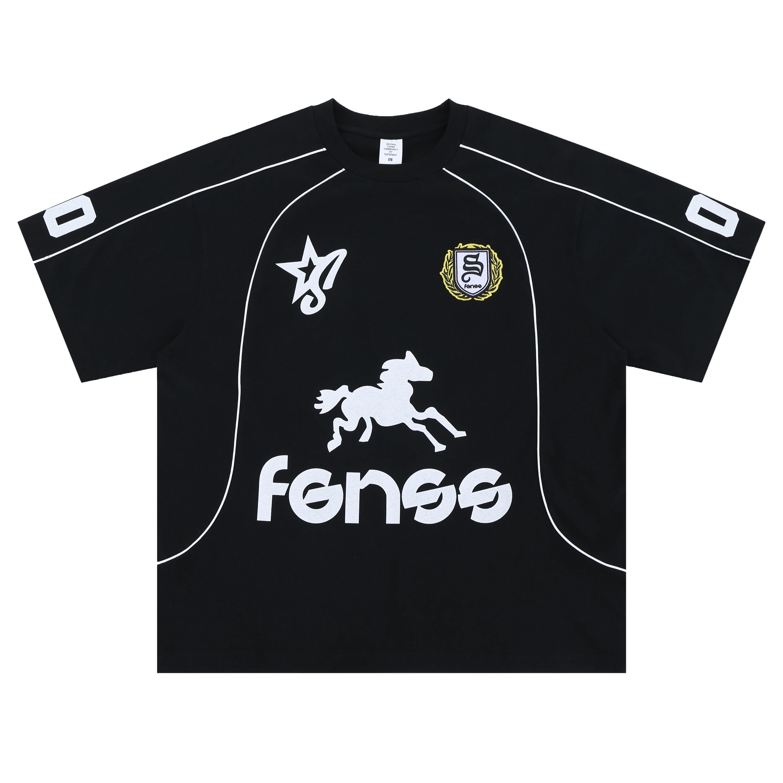 

SUPER WAY Black Tee Sports Club Patchwork Printing T-Shirts F-391#