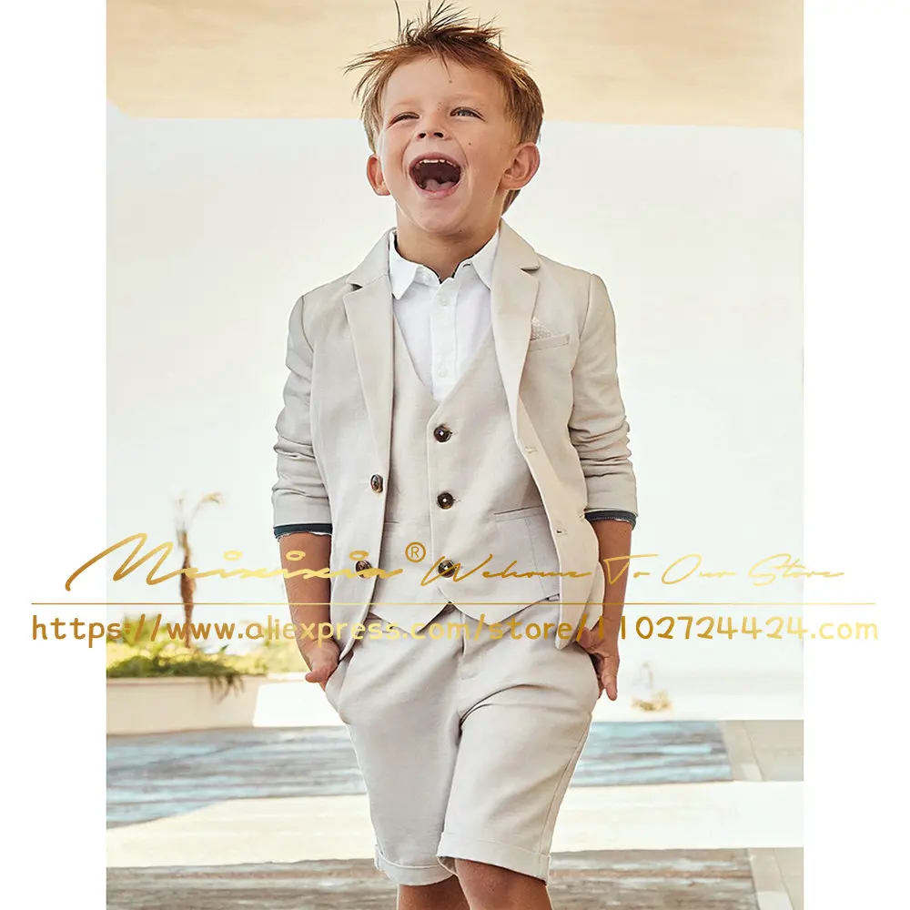 Beige Linen Boys Suits Formal Wedding 3 Piece Jacket Pants Vest Kids Clothes Party Dress Child Blazer Set תחפושת בנים 2023