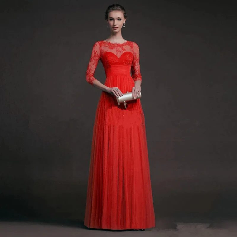 Autumn Women's Red Long Sleeved Lace See Through Dress and Evening Gown