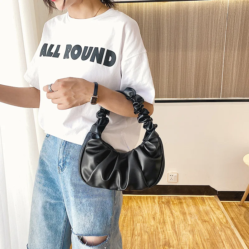 Summer Pleated Handlebags For Women PU Leather Cloud Purse Bag Fashion Armpit Bag Shopping Shoulder Bags Female Underarm Hobos