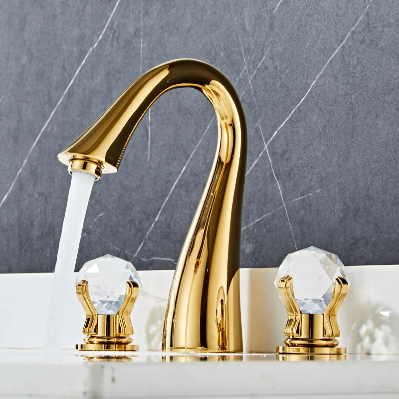 Imagem -03 - Ellen Luxo Soild Latão Ouro Faucet Banheiro Golden Swan Torneiras Duplo Crystal Handle Três Buraco Lavatório Torneira Misturador Elf1513g