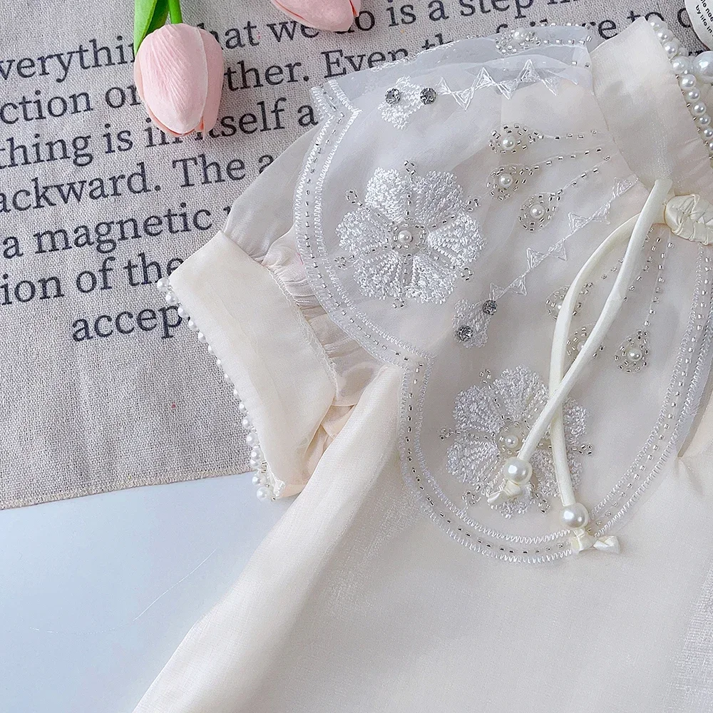 Sommer Neue Chinesische Stil Elegante Weiße Spitze Blume Bestickt Kurzarm Kleid Süße Mädchen Kleidung 2-7 Jahre alt Cheongsam – Detail 5