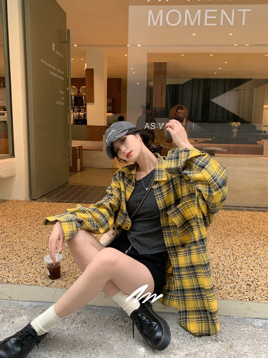 

SMBL RAIN Dopane Street Sle Loose Long Sve Женская верхняя одежда в клетку весенне-желтого цвета из смеси хлопка и полиэстера