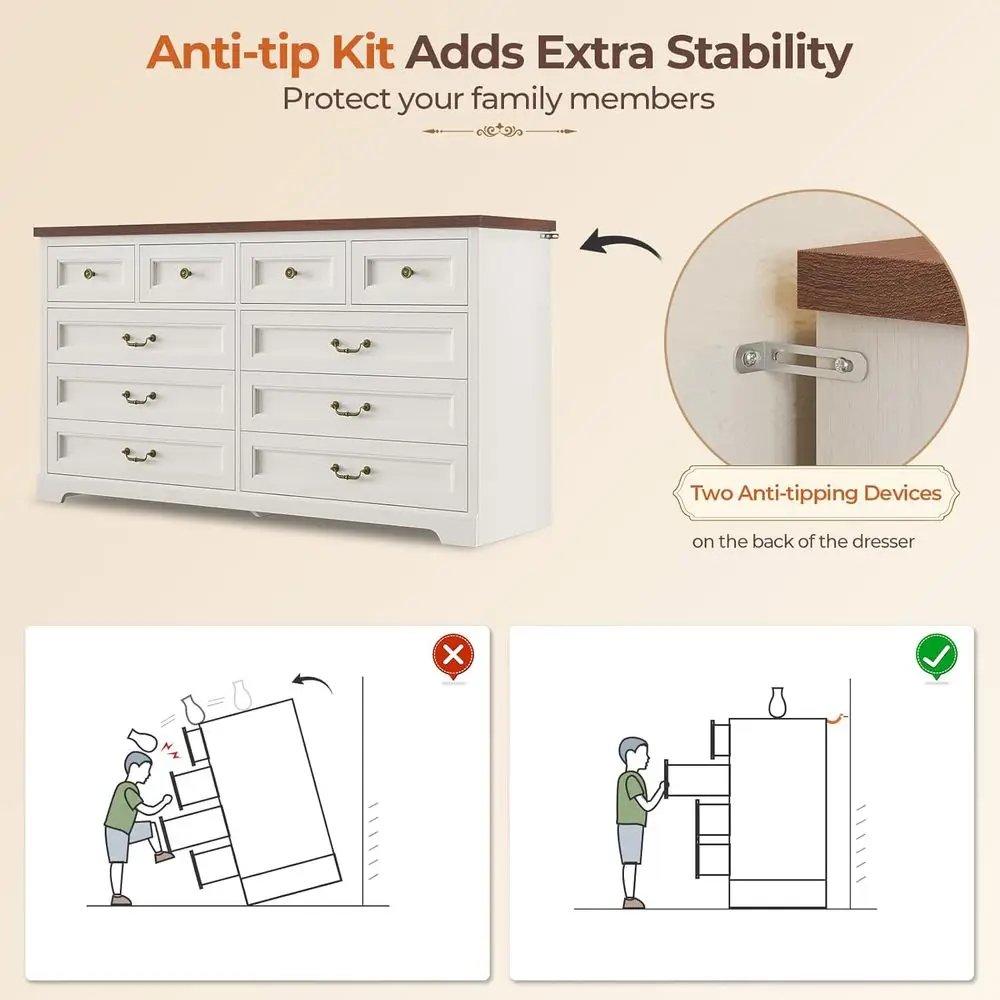 素朴な木製収納キャビネット、寝室用の深い引き出し付き、幅55.1インチ、ヴィンテージハンドル