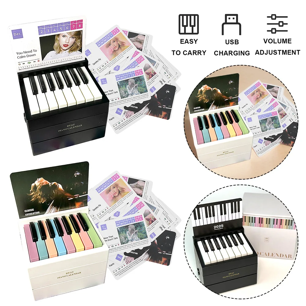 Taylor Portable Calendar Piano 2025 Music Sheets Toy Playable 15 Keys Mini Piano Calendar 27 Music Cards 52 Songs USB Charging