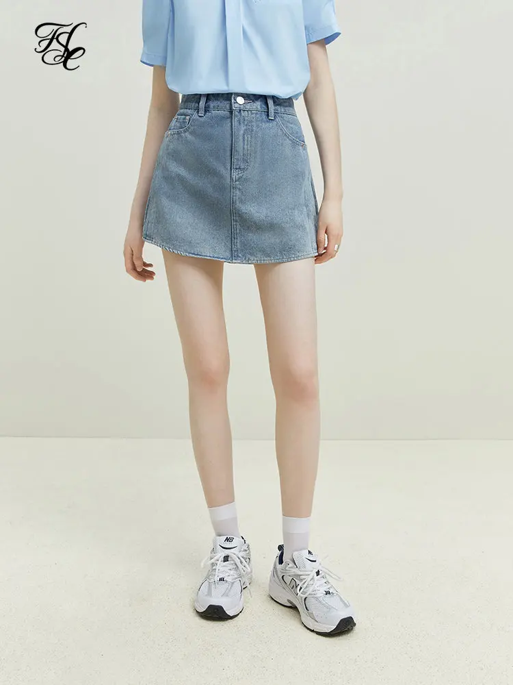 FSLE High Waist Women Denim Blue Skirts Curved Hem Design Ladies Summer Mini Denim Skirt Korean Style Solid Commuter Women Skirt