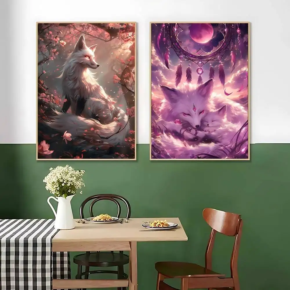 Fantasy Mystical Sakura Nine Tailed Fox Poster Kraft Club Bar Paper Vintage Posters Wall Art Painting Bedroom Study Stickers
