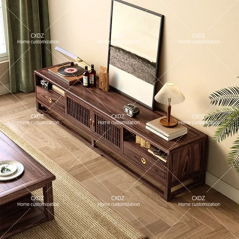 New Chinese Style Solid Wood TV Cabinet High Black Walnut Simple Living Room Home Coffee Table TV Stand Combination Floor