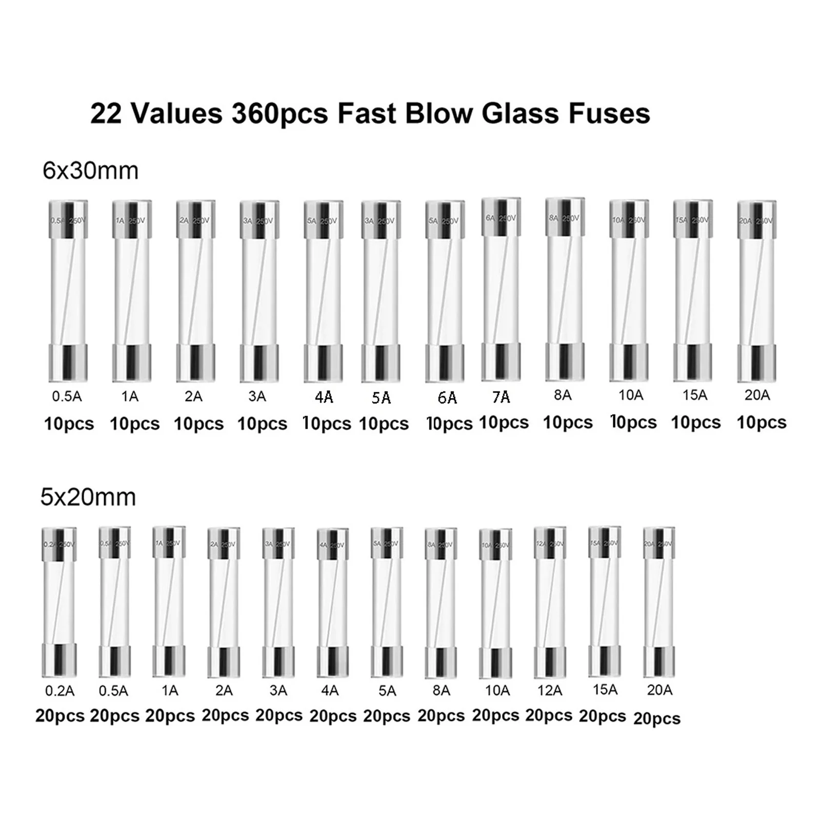 360Pcs Glass Fuse Tube 0.25A‑20A 24 Types 6x30mm 5x20mm Assortment Set Kit for Circuit Protection