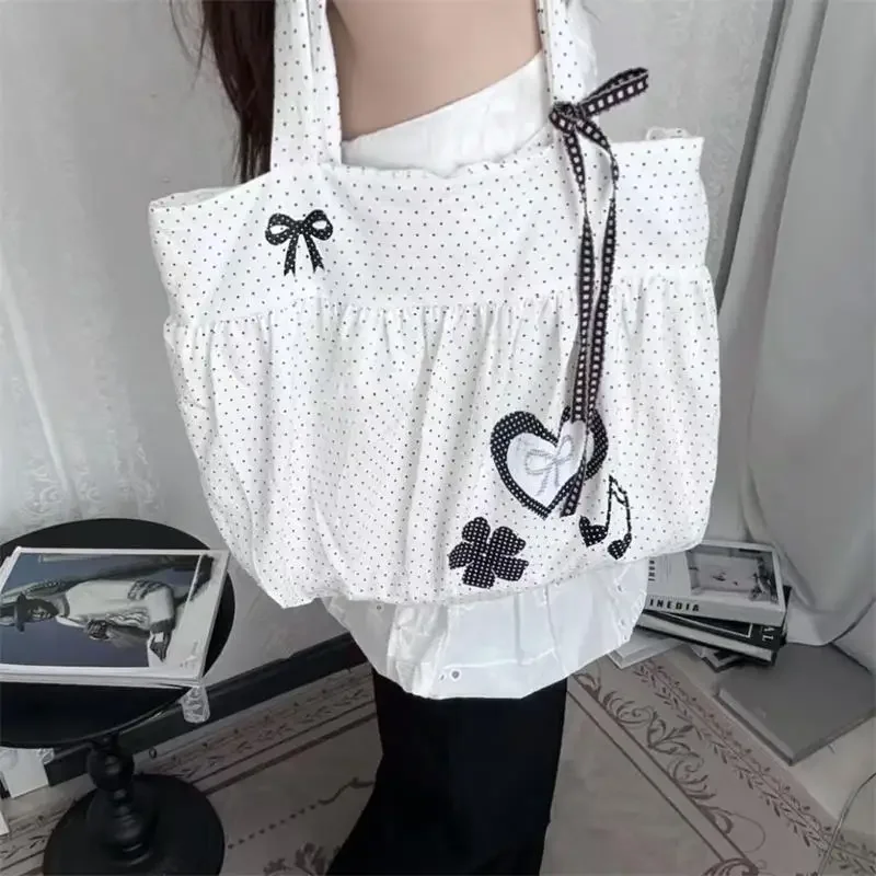 Koreanische Polka Dot Umhängetasche Niedliche Schleife Engelsflügel Design Handtasche Damenmode Pendeln Einkaufstasche Retro Kontrast Einkaufstasche – Detail 16