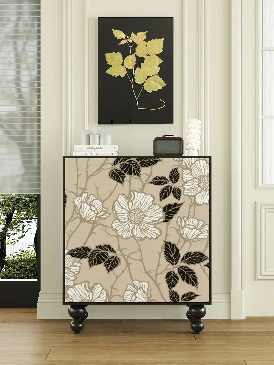 Vintage Floral Shoe Cabinet Entryway Solid Wood Console Cabinet Multifunctional Integrated Living Room Storage Cabinet