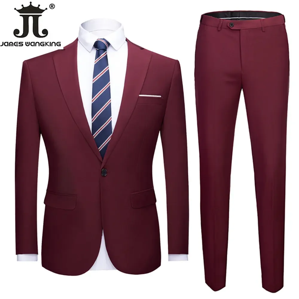 15 Colors M-6XL (Jacket + Pants) Work Clothes Mens Formal Business Office Suit Solid Color Groom\'s Wedding Dress Blazer Trousers