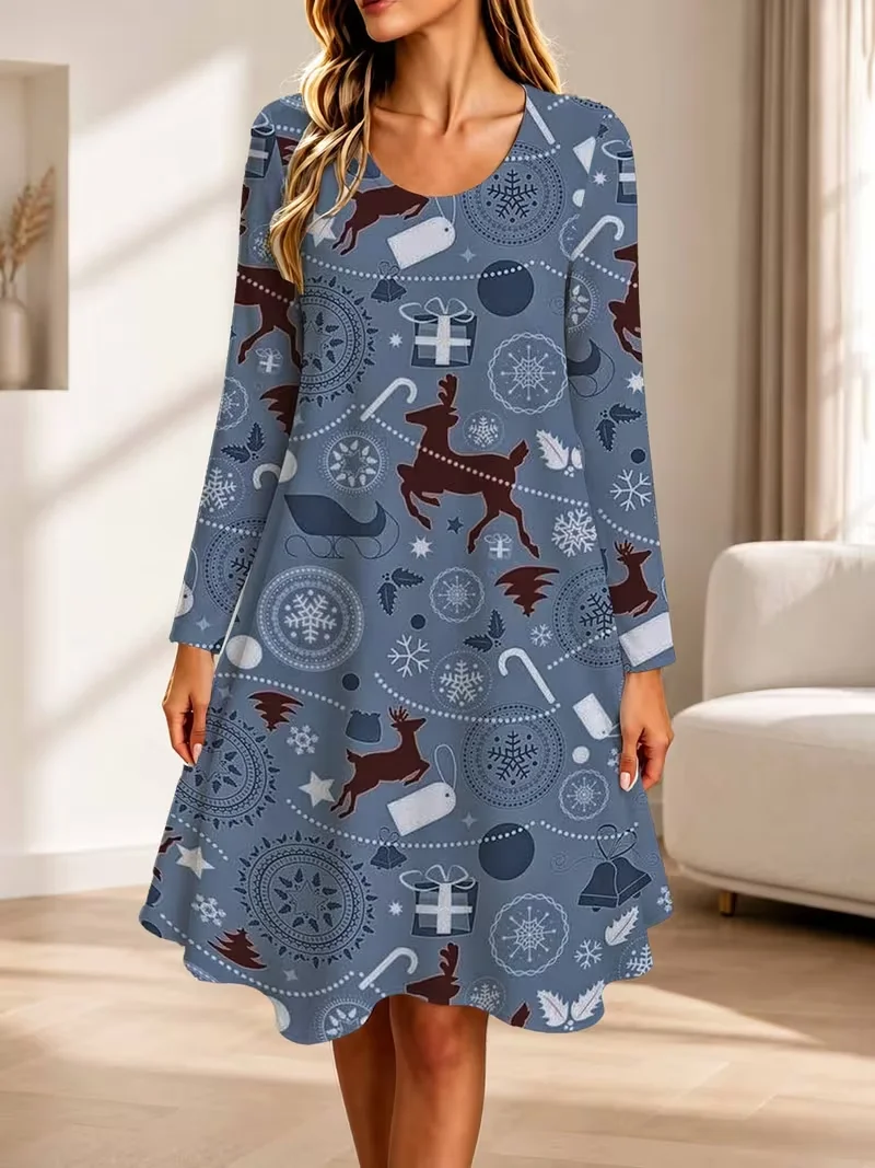 Ladies' Christmas Party Dress 3D Christmas Tree Christmas Element Printed Loose A-line Dress O-neck Longt Sleeve Casual Dress