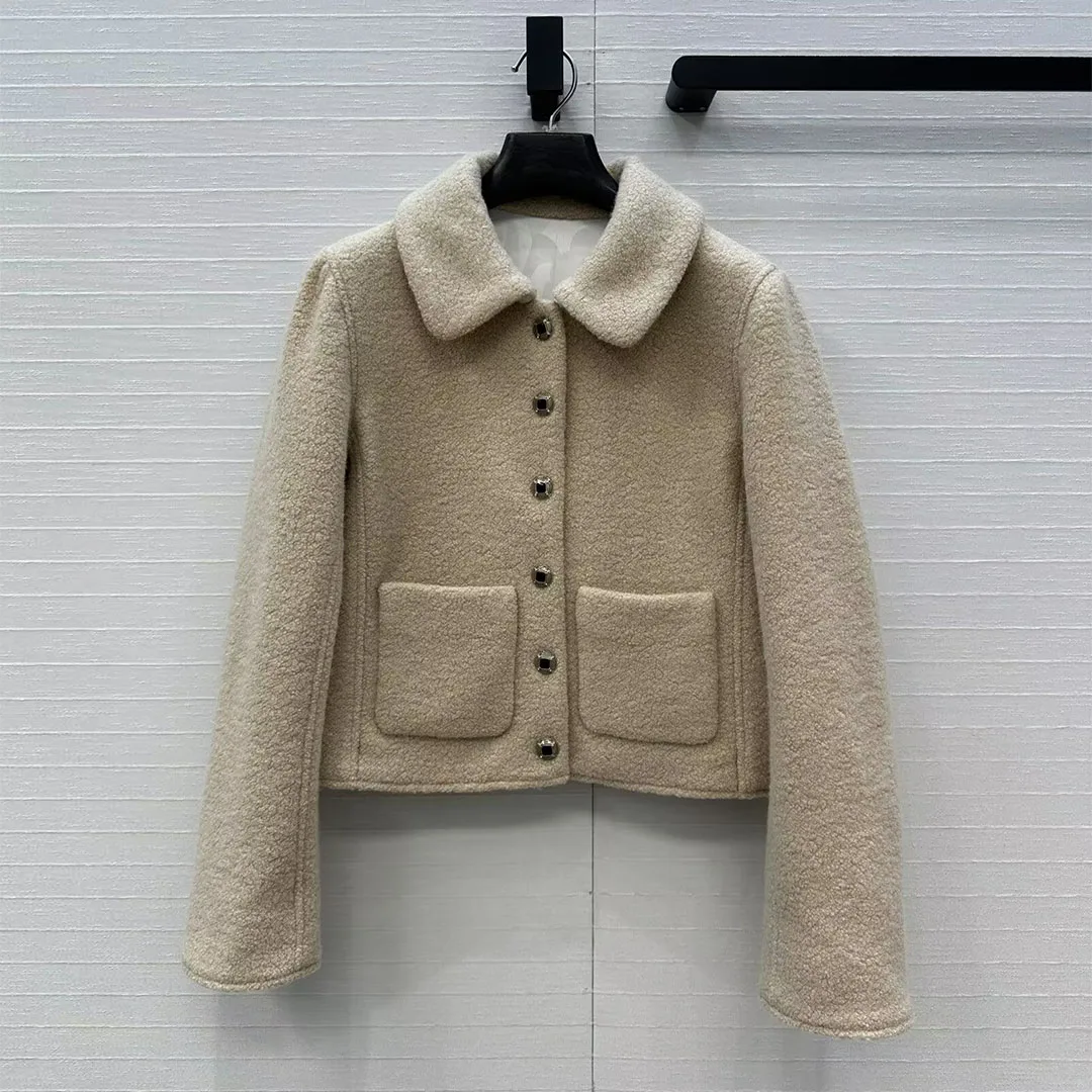 

New Winter 100% Alpaca Wool Jacket Women Lapel Diamonds Single Breasted Long Sleeve Khaki Color Fluffy Cute Short Warm Coat
