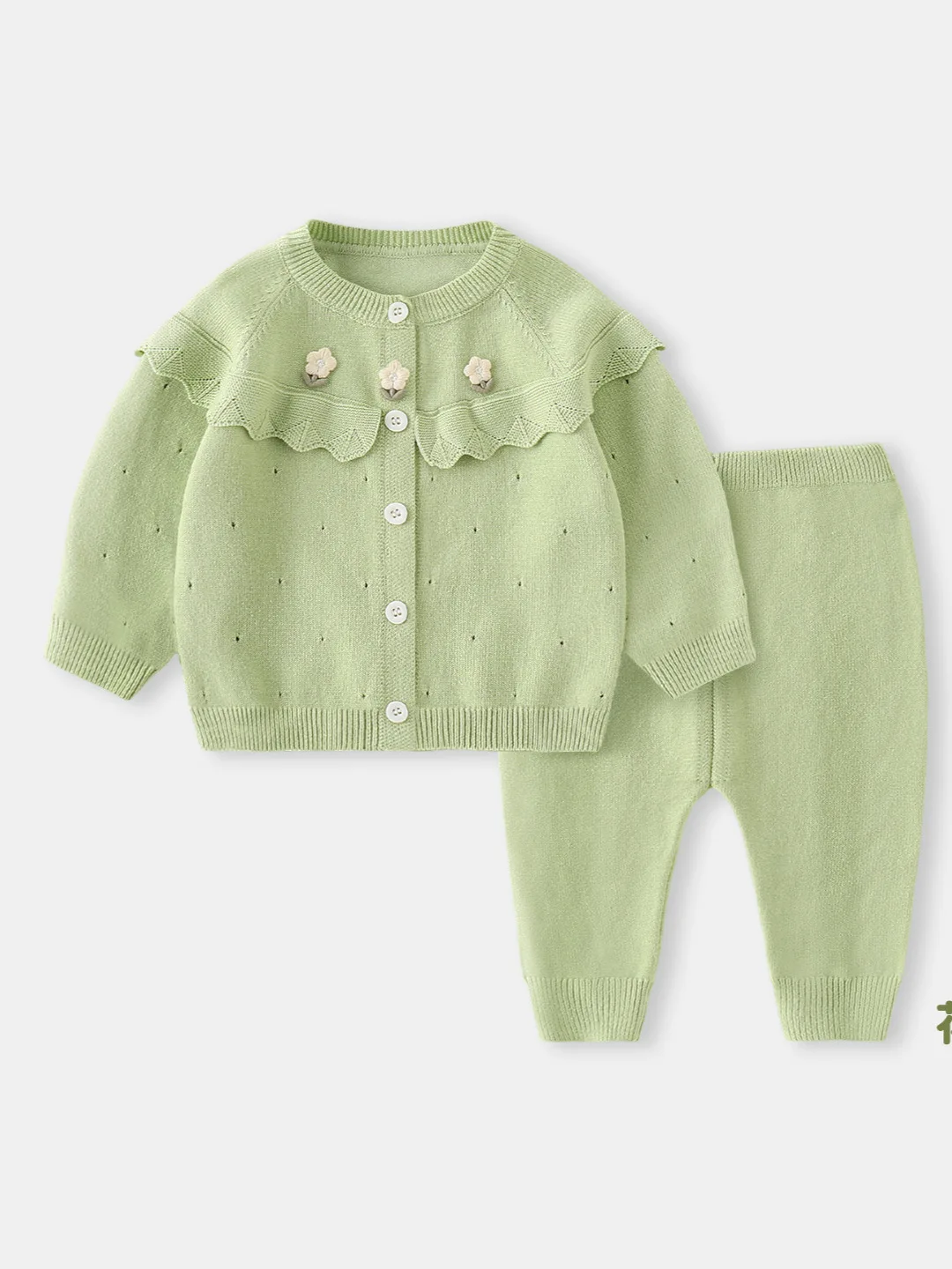Infant Knit Two Piece Suit Ruffle Collar Floral Decor Cardigan Breathable Soft Warm Autumn Toddler Outfit
