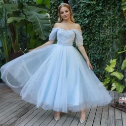 Luxury Light Blue Off-Sleeves Prom Dresses Luxury Pearls Tulle Tea-Length Garden Cinderella Romantic Evening Party Gowns