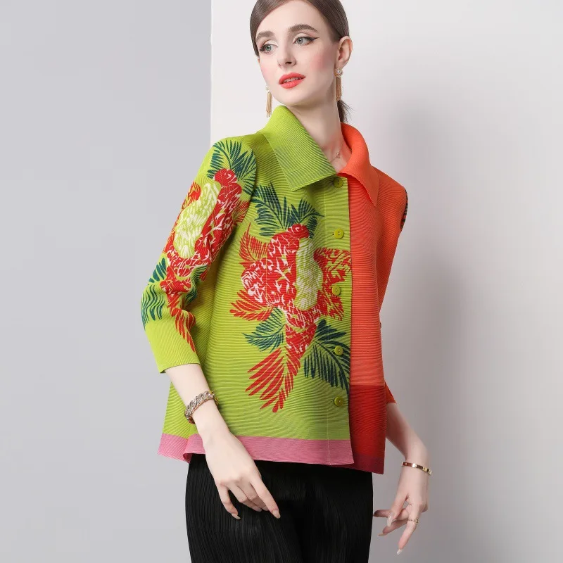 Women Elegant Camisas Turn Down Collar Casual Tops  Contrast Color Print Pleated Loose Shirts & Blouses Female Autumn 2024