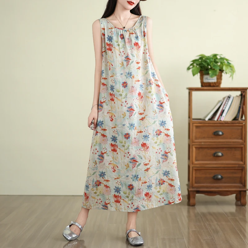 

Vaion Sle Cotton Linen Svel Floral Print Maxi Dr Women's Ele Skirt Summer Long Dr High Waist Gown