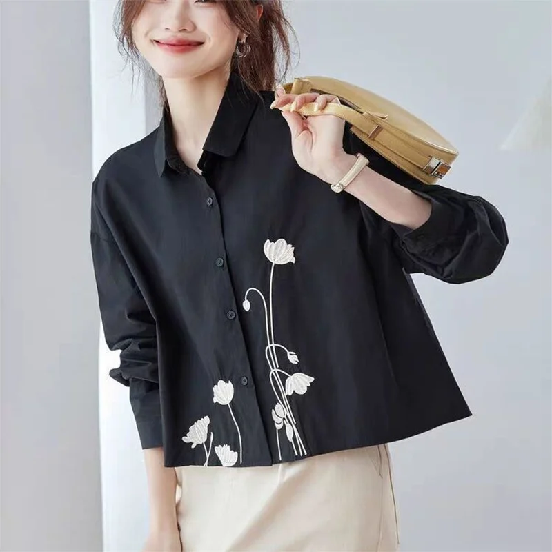 Fashion Chic Beautiful Embroidered Shirt Women's Spring and Summer Long Sleeve Short High Waist Loose Cardigan Lapel Shirt New