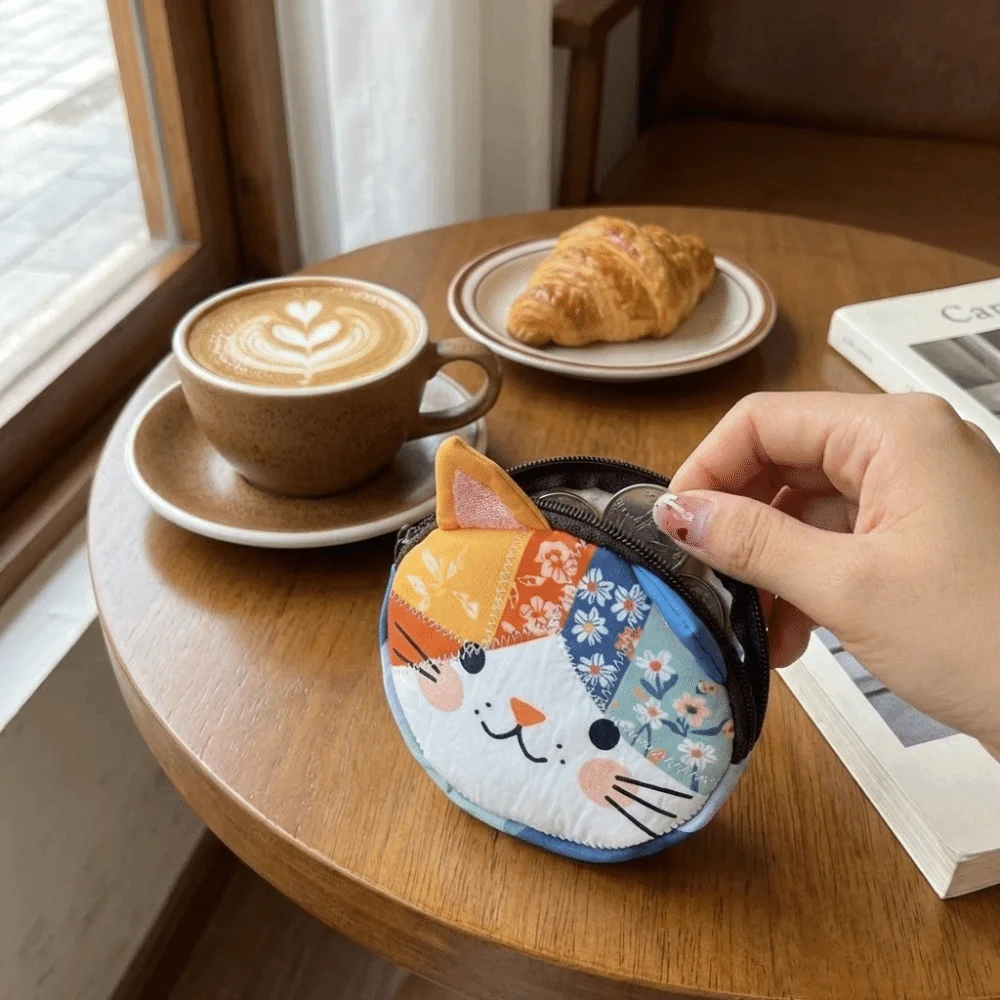 

Portable Patchwork Coin Purse Zipper Design Small Size Cat Storage Case Large Capacity Cute Pattern Stationery Pouch Home