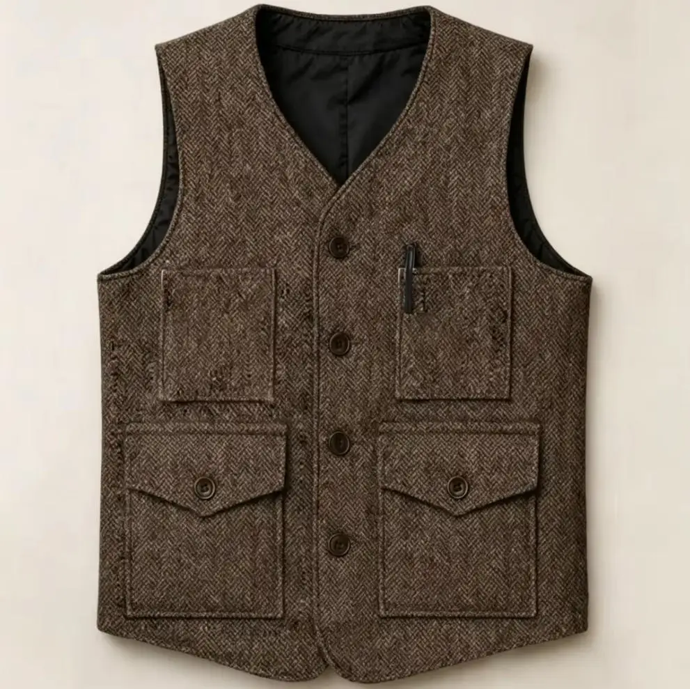 

Men Vest Waistcoat For Wedding Party Brown Herringbone Single Button With Pockets Business Work Office Daily Casual Suit Vest
