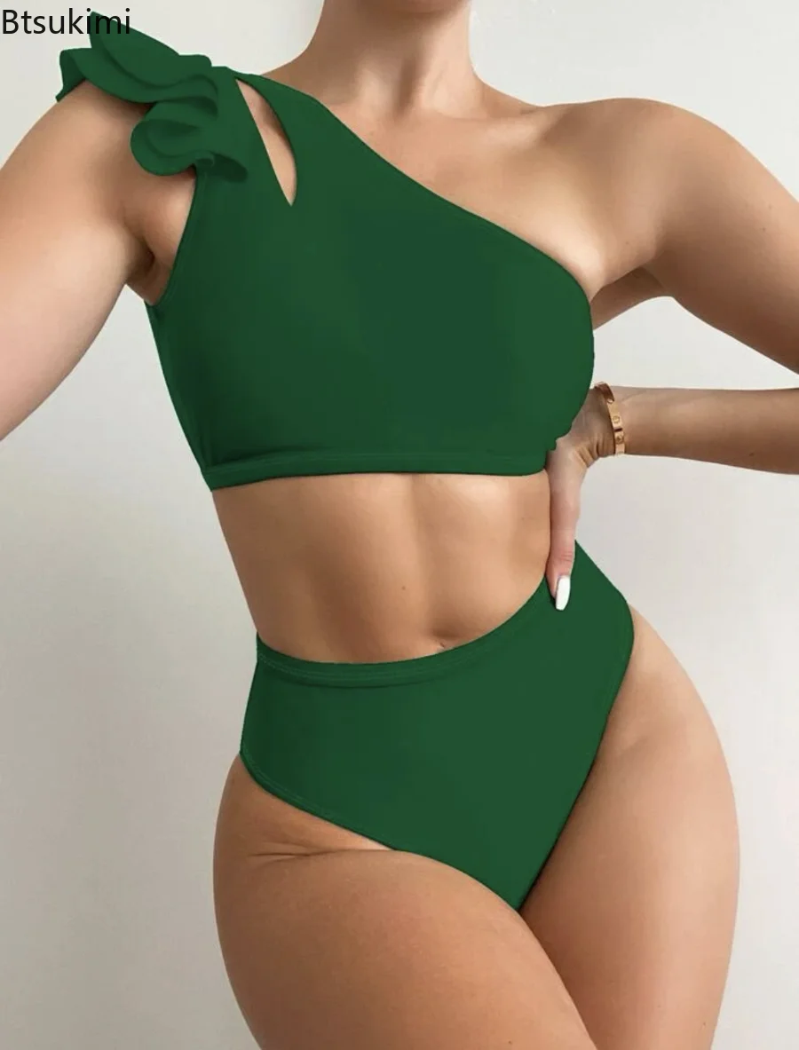 2025 Solid Color High Waist Swimsuit Bikinis Swimwear Women Sexy One Shoulder Summer Fashion Two-piece Beachwear Bathing Suits