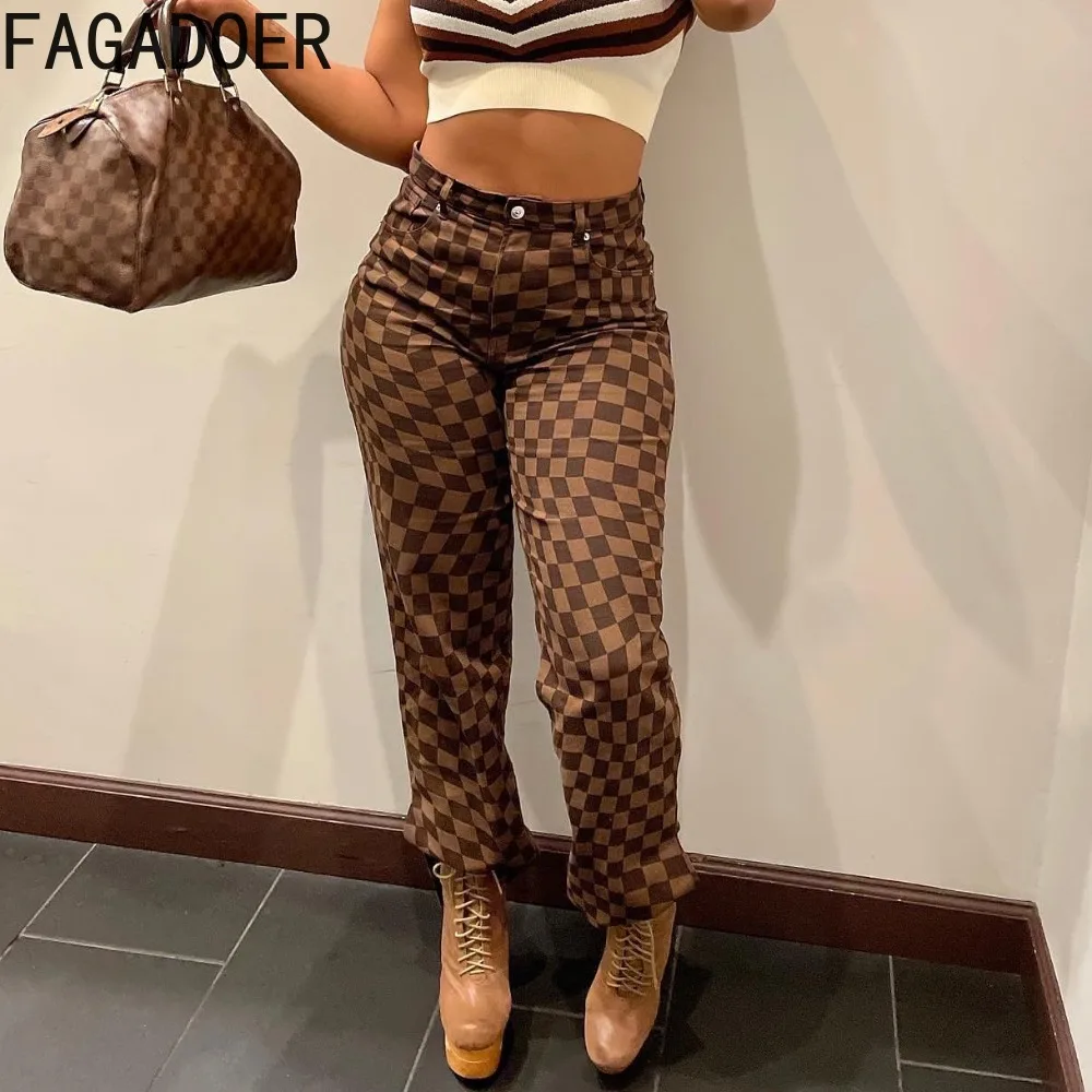 

FAGADOER Khaki Plaid Casual Pants Women Streetwear Vintage Y2k Hip Hop High Waist Trousers Autumn Summer Pocket Straight Pants