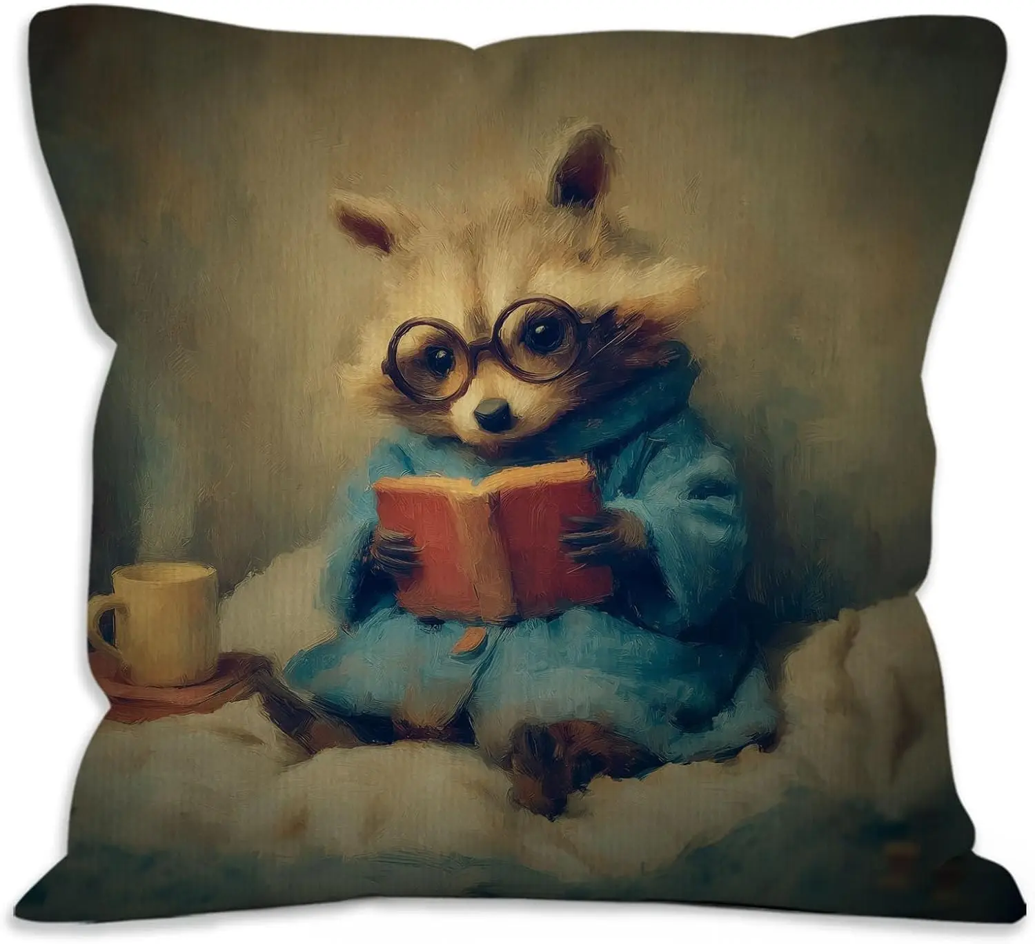 Adorable Raccoon Bookworm Pillowcase Throw Cushion Cover Art Print Nursery Decor Animal Watercolor Cartoon 18x18 Inch Home Accen