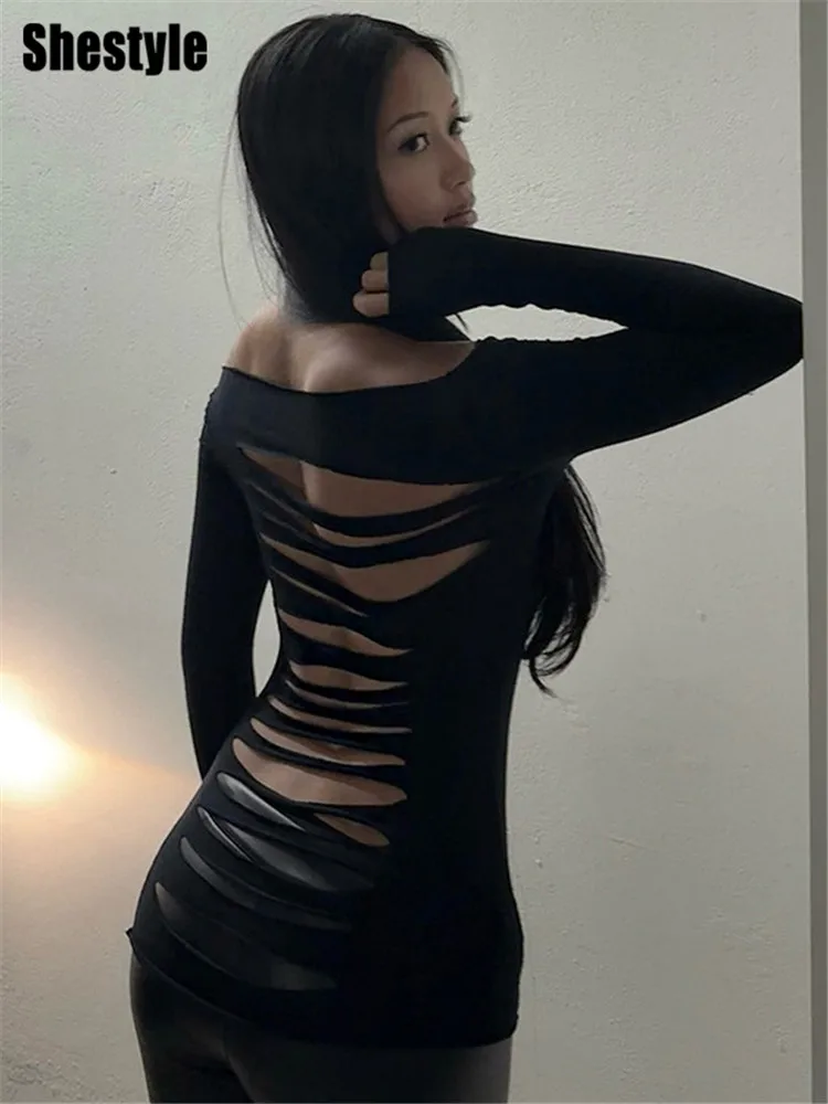 Shestyle Slash Neck Black Cut Stripe Women Tops Black Solid Backless Design Full Sleeve Slim Sexy T-Shirts Basic Streetwear