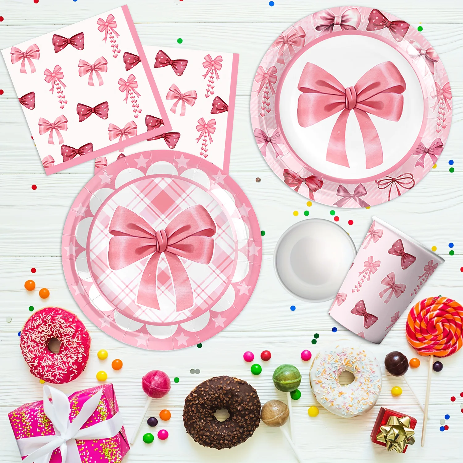 Pink Coquette Bow Disposable Tableware Set Paper Plates Cups Napkins Tablecloth Girls Birthday Baby Shower Party Supplies view 4