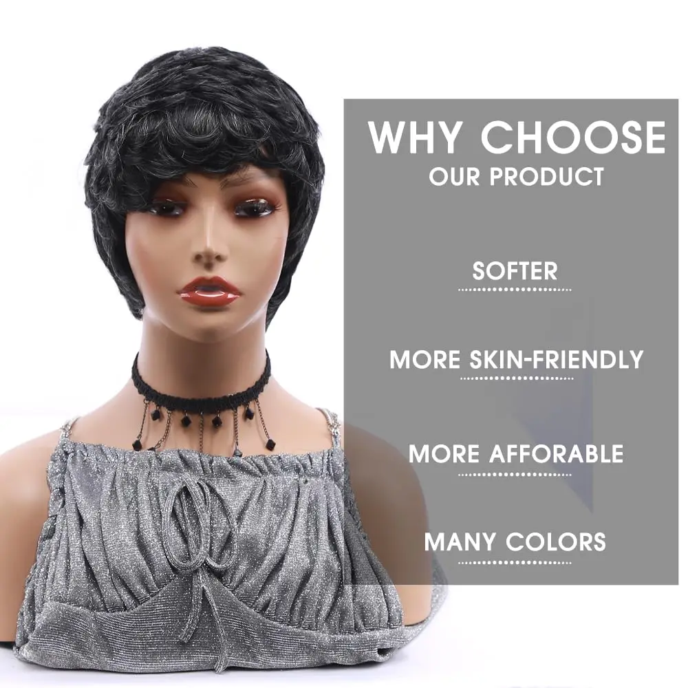 Short Pixie Cut Wigs for Black Women Grey Wigs for Women Black Mix Gray Short Synthetic Curly Hair Wig for Replacement Wigs