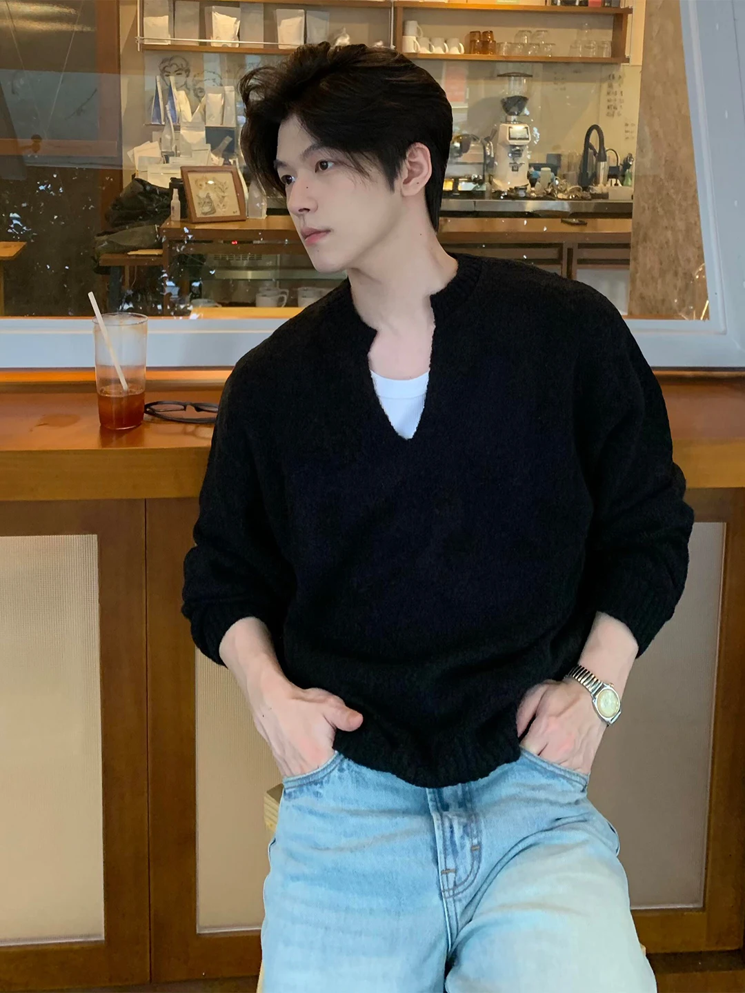 

Мужской трикотажный джемпер Laid-ba Bla V-ne для осени и зимы, в стиле Old Money, базовый слой, мягкий, свободный крой, молодежный стиль