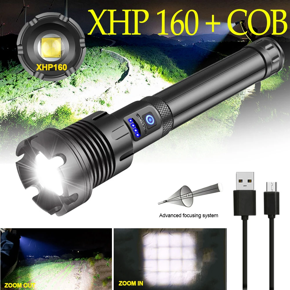 

16 Core XHP160 Powerful LED Flashlight USB Rechargeable Zoomable COB Torch Hunting Lantern By 26650/18650 As Power Bank