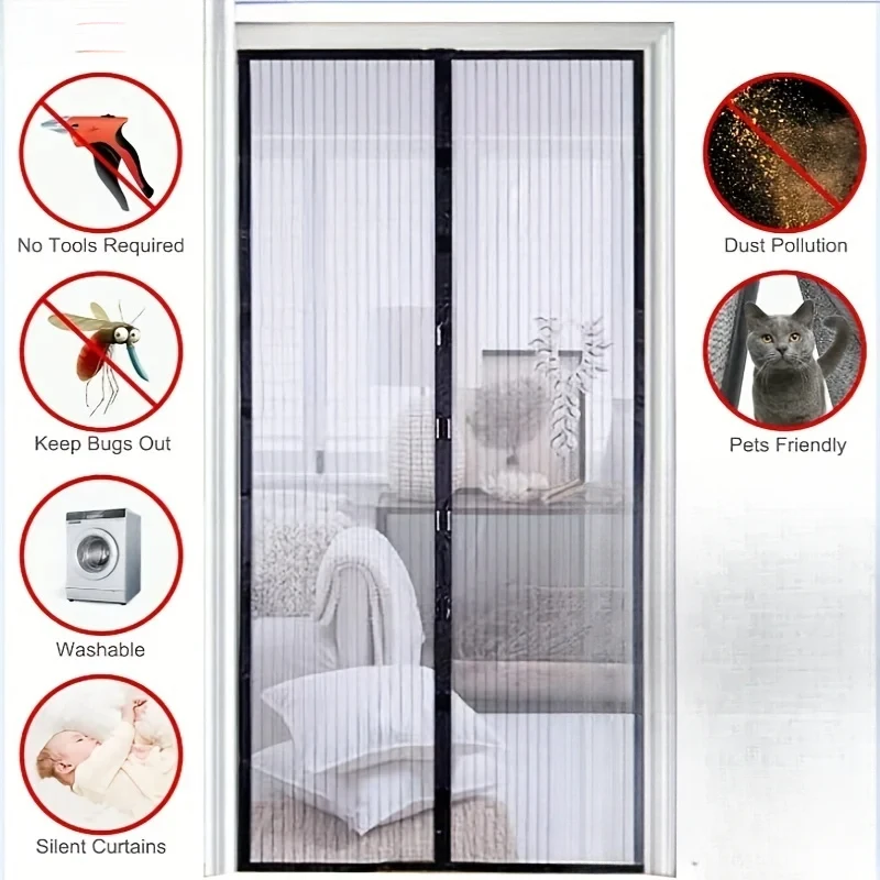 Moustiquaire magnétique auto-fermante pour porte, rideau en maille anti-insectes