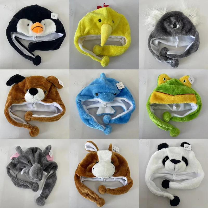 Animales de dibujos animados pingüino pato conejo elefante tiburón tigre sombreros niños estudiante rendimiento Cosplay oreja gorros de felpa regalos lindos