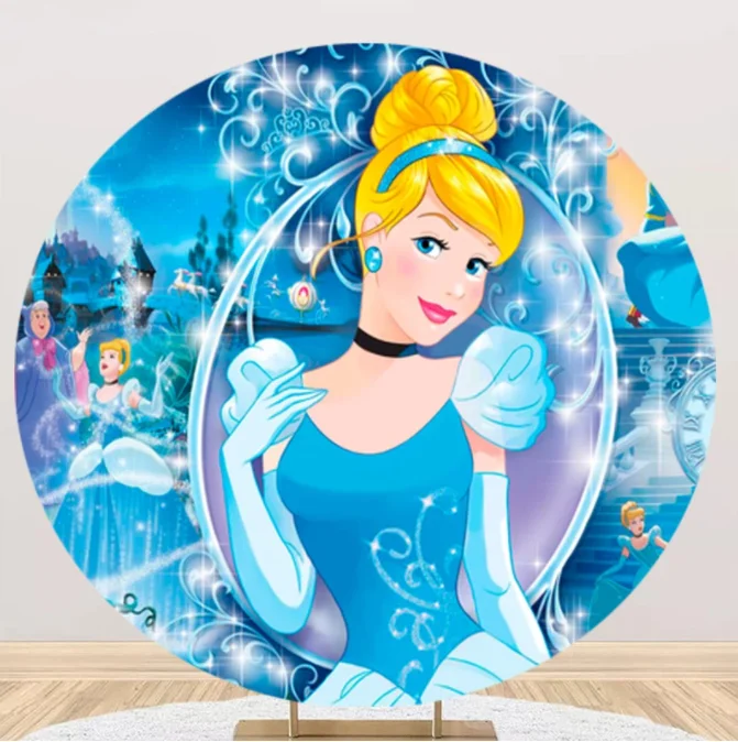 Cinderella Round Backdrops Blue Dress Blonde Princess Circle Background Girls Birthday Table Banner Covers