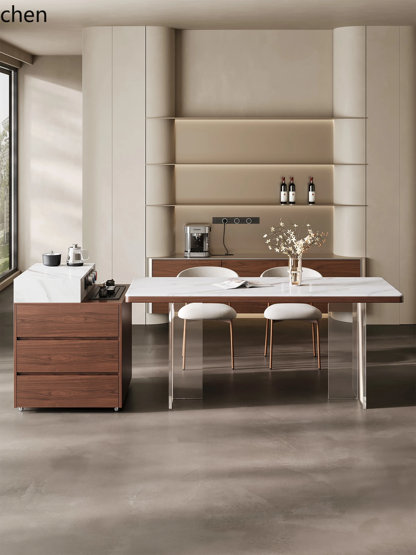 

QZT Natural Luxury Stone Island Table Dining Table Integrated Retractable Home Multi-functional High-end Island Table