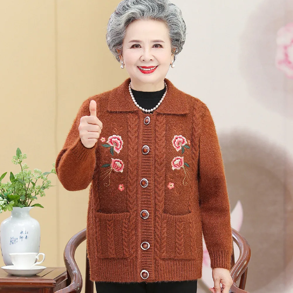 

2023 Autumn Winter New Women Cardigan Warm Knitted Sweater Middle-Aged And Elderly Grandma Embroidery Flower Loose Sweaters