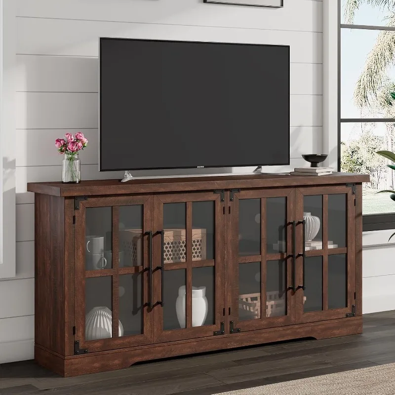 LUXOAK Farmhouse TV Stand with 4 Glass Doors Modern Buffet Sideboard Cabinet with Storage Entertainment Center with Adjustable