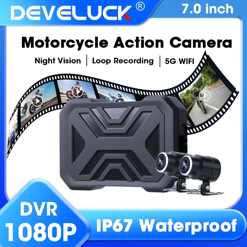 Develuck 1080P Motorcycle Camera DVR Full Body IPX7 Waterproof Moto Recording WiFi GPS Dash Cam Driving Video Recorder Black Box